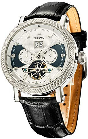 SURVAN WatchDesigner Montre Automatique pour Homme Verre Saphir avec mécanisme Squelette 18K plaqué Or Bracelet en Cuir