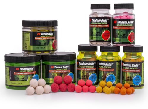 Tandem Baits 8er-Set Carp Pop up Boilies Box XL Köder-Set | Fluo Pop Up 16 mm | Perfection Pop Up 16 mm | Mini Pop Up 12 mm | Fluo Mini Pop Up 12 mm | Karpfenzubehör Profis & Hobby-Angler