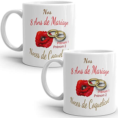 Mug duo 8 ans noces de Coquelicot anniversaire mariage personnalisable 2 prénoms tasse Idée Cadeau Originale Famille couple mari femme noel fete époux épouse