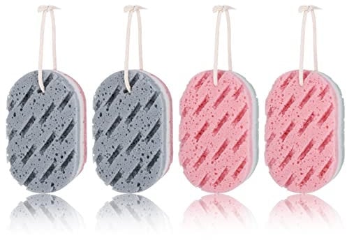 Fuyamp 4 Pack Bath Sponge - Soft Exfoliating Shower Sponges, Double-Sided Fiber Body Scrubbers for Men, Women, Kids - Body Cleaning Supplies