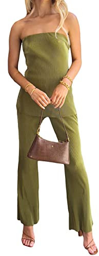 NUFIWI Sexy 2-teiliges Damenhosen-Set, trägerlos, schulterfrei, Schlauch-Top, plissiert, weites Bein, Y2k-Anzüge, Sommer-Outfits, S