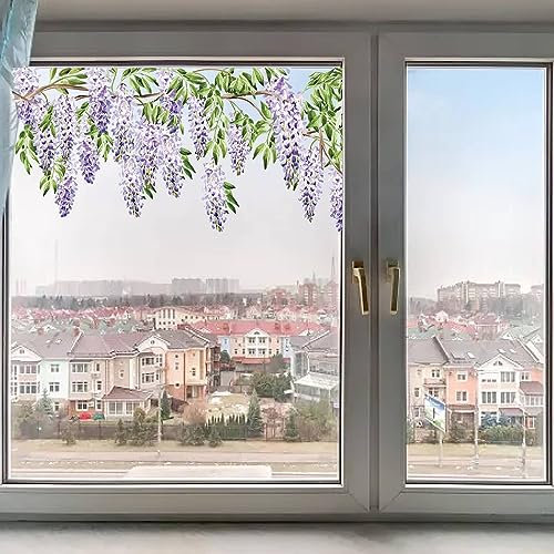 GORGECRAFT 118x39 cm Große Glyzinien-Fensteraufkleber Sommer-Lila-Blume Hängende Rankenzweige Blattaufkleber Doppelseitige Statische Fensteraufkleber PVC-Antikollisions-Fensterfolie Glasschiebetüren