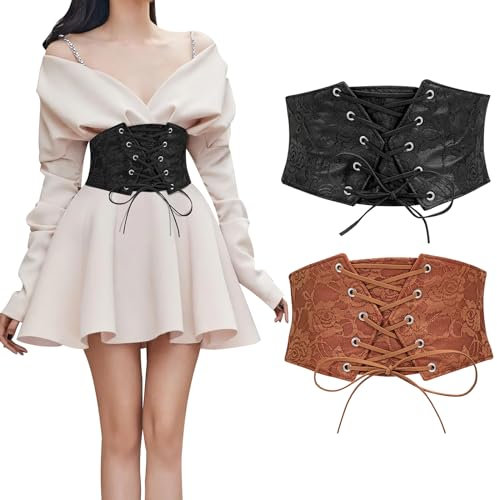 WERFORU 2 Stücke Frauen Taille Korsett Gürtel Tied Waspie Halloween Elastische Breite Gürtel für Kleider Schwarz/Kaffee