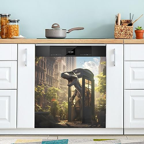 Urban Jungle Dinosaur Phone Booth Dishwasher Magnet Cover Refrigerator Panel Decal Deco for Cabinet Kitchen Laundry Room Gift 23 x 26 Inch