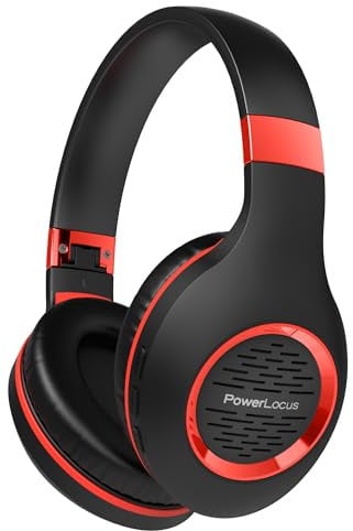 PowerLocus Bluetooth Kopfhörer Over Ear, Kabellose Kopfhörer Faltbarer mit Mikrofon, Hi-Fi-Stereo tiefer Bass,weicher Ohrenschützer kabelloses & kabelgebundenes Headset für Handy,Tablet,PC (Rot)