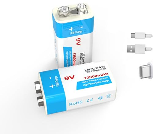 WILLQ 9V wiederaufladbare Lithiumbatterien USB Typ-C 9 Volt 9900mAh 12800mAh Ersatzbatterien 1,5 Stunden Schnellladung 1000 Zyklen für 9V-Elektrogeräte,2pcs 9v12800mah