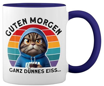 Retro Guten Morgen Ganz dunnes Eis Kaffee Spruch Lustig Geschenk new New Trend Fun Lustig Weiße Tasse Mug mit blauem Felgen und Griff
