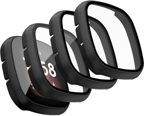 Vancle für Fitbit Versa 3 Hülle,4Stück Vollständige Abdeckung Schutzfolie Hard PC Schutz Displayschutz Folie Gehäuse für Fitbit Sense(4 Stück Schwarz)