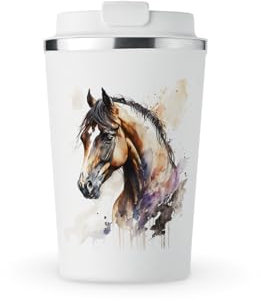 MAXIKIWI - Insulated Double Walled, Leakproof Stainless Steel Mug, Coffee or Tea Travel Tumbler with Lid, Keep Drinks Hot and Cold - Horse Watercolor - 350ml