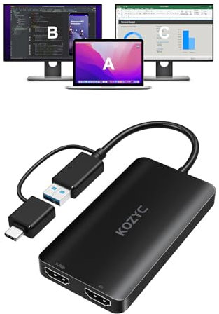 USB 3.0 to HDMI Splitter Extended Display Dual Monitors, USB 3.0-A/C vers Dual HDMI Adapter 4K@30Hz+1080p@60Hz Compatible avec MacBook/MacBook Pro Air Dell (MST Support MacOS/Windows)