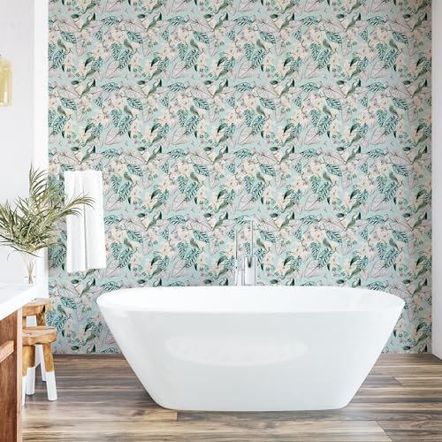 ABAKUHAUS Tropical Papier peint autocollant pour la maison, Art De Fleur Feuille D'Oiseau Papillon, Accent de salon et de cuisine auto-adhésif, 33 cm x 250 cm, Corail Vert pastel Jaune