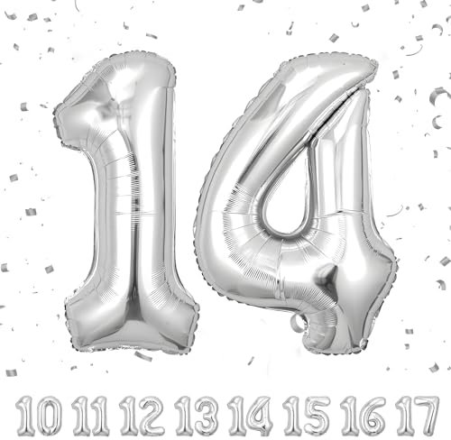 14 Geburtstag Deko zahlen luftballon 14 jahre | Folienballon Sliber - für 14. Geburtstagsdeko Männer Frauen Ballon Zahl Deko zum Geburtstag fliegt mit Helium 14.Geburtstagsparty 40-101cm