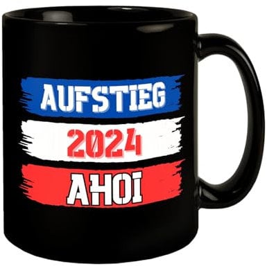 Kiel Tasse in Schwarz mit Spruch Aufstieg 2024 Ahoi Maritimer Hafen-Flair Stadt Kiel Fußball Aufsteiger Schleswig-Holstein Charme