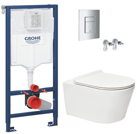 WC Suspendu Pack Complet Accessoires - Pack WC Grohe Bâti-support Grohe Rapid SL, WC sans bride SAT Brevis, Abattant slim, softclose, Plaque chrome, Abattant WC,Cuvette Toilette, Chasse d'eau Wc