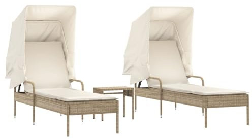 vidaXL Sonnenliegen 2 STK., Sonnenliege mit Dach Tisch Kissen, Relaxliege für Garten Terrasse, Gartenliege Sonnenbett, Beige Poly Rattan