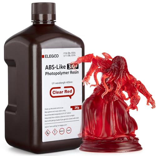 ELEGOO ABS-Like Resin 3.0 Plus, Verbessertes 3D-Drucker Photopolymer Harz, Höhere Hitzebeständigkeit, Schnelle Aushärtung, Hohe Präzision, Nicht Spröde, Klarrot 2000g