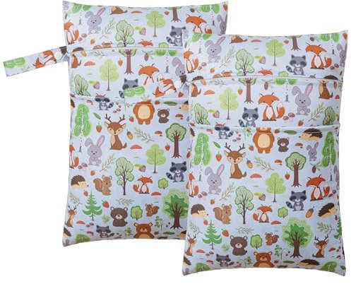 HBselect 2 Stück Nasstasche Wetbag Kindergarten wiederverwendbar Wet Dry Bag Windeltasche Nassbeutel Personalisiert for Baby Grauer Wald