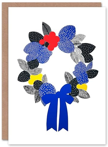 Wee Blue Coo Bright Polka Dot Line Wreath Bow Leaves Fun Xmas Art Blank For All Christmas Card