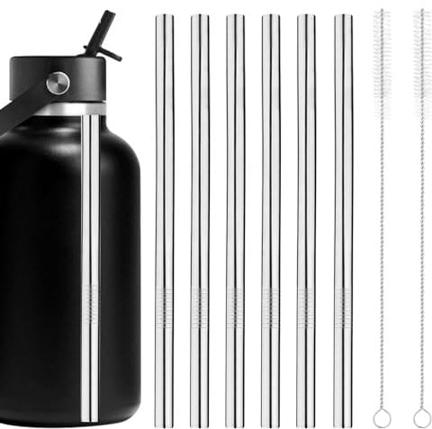 6pcs Metal Straw Replacement for Hydro Flask Wide Mouth Bottle Straw Lid Compatible with Hydro Flask 64oz Water Bottle, Stainless Steel Cup Straws with 2pcs Brushes Parts(Silver)