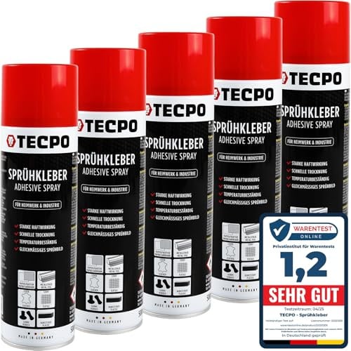 TECPO Sprühkleber 5x 500ml, Industriekleber, Stark haftend, Schnelle Trocknung, Hohe Temperaturbeständigkeit, Vielseitig für Textilien, Leder, Schaumstoffe, Dämmmaterialien, PVC, Papier