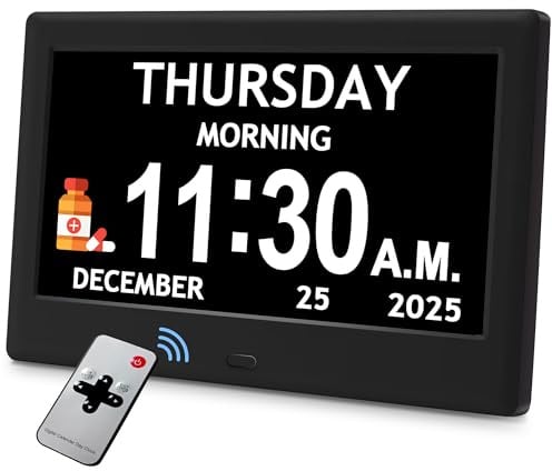 7'' Dementia Clock For Seniors, Large Display Digital Clock With Date, Time, Day Of Week for Elderly, Memory Loss, Alzheimer, 1024*600P HD, 10 Reminders & 6 Alarms, Auto Dimming & DST, Remote Control