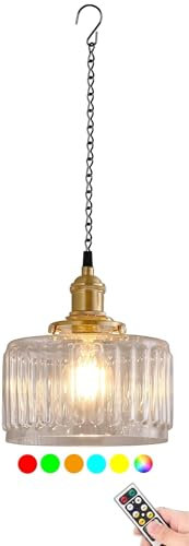 Battery Operated Outdoor Chandelier,Rechargeable Pendant Light with Remote,13 RGB Battery Powered Pendant Lamp Portable Hanging Lantern Green Glass Decor for Gazebo Pergola Porch Patio Yard Indoor(Cle