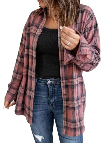 Fisoew Dam långärmad rutig blus, flanell, button down jacka, casual långärmad skjorta, ROSA, L
