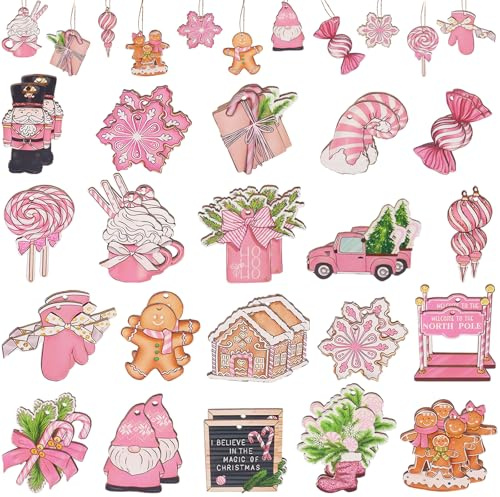 Juego de 40 colgantes de madera para árbol de Navidad, decoración para árbol de Navidad, decoración de árbol de Navidad, color rosa
