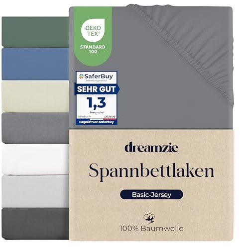 Dreamzie Drap Housse 120x200 Coton, Jersey Extensible, Bonnet 25 cm, Adapté aux Matelas Jusqu’à 22 cm, Certifié Oeko-Tex, Hypoallergénique - Anthracite