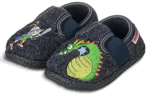 Giesswein Thanstein - Schurwoll-Hausschuhe Kinder | Slipper mit elastischem Bund & Ritter-Drache-Motiv – warme Hausschlappen, rutschfeste Gummisohle