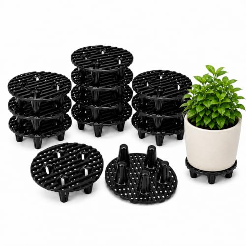 NUOBESTY Lot de 12 Rehausseurs pour Plantes et Pots de Fleurs Noirs | Plastique ajouré avec pieds surélevés pour aérer et drainer les pots; convient à la maison, au balcon, au patio et au jardin
