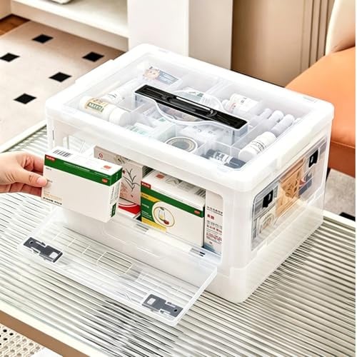 BXUUXA Boîte à Pharmacie, Boite Rangement Medicament 2 Couches Pharmacie Rangement avec Plateau Amovible Organisateur de Premiers Soins pour Ranger les Médicaments, Papeterie (38x26x22cm)