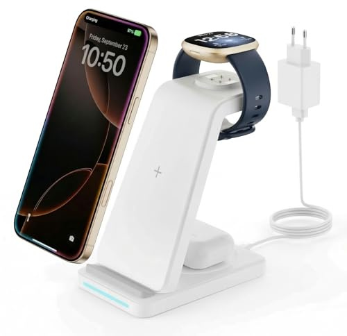 GEEKERA 3 in 1 Induktive Ladestation für Google, Induktiveladegerät für Google Pixel Watch 3/2/Fitbit Versa 4/3/Sense 2/Sense, Kabelloses Ladegerät für iPhone/Pixel/Samsung Handys, Mattweiß
