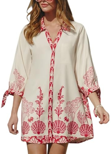 CUPSHE Women's Blouse Dress V Neck Long Sleeve Loose Shirt Dress Button Front Casual Dresses Bikini Cover Up Beach Dress