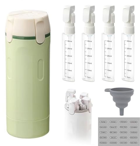 BRTNUP 4 in 1 Travel Bottle Dispenser, Refillable Travel Dispenser Bottles with Bottle with Scale & Label, Leak Proof Portable Toiletry Containers for Shampoo Lotion Conditioner Cream Liquid (Green)