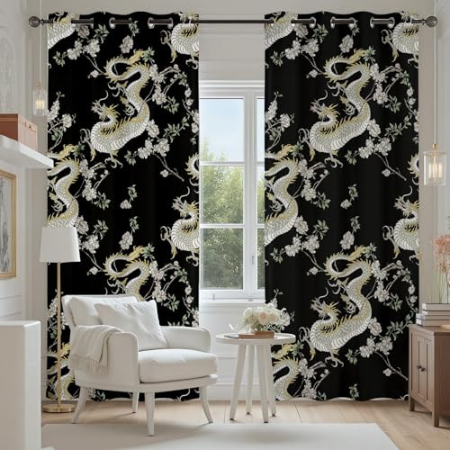 Blumen Dragon Vorhänge Blickdicht, Vintage Orientalisch Vorhänge Wohnzimmer | Asien Japanischer Gardinen mit Ösen, Verdunklungsvorhänge Schlafzimmer, Thermovorhang 2er Set H245 x B70 cm