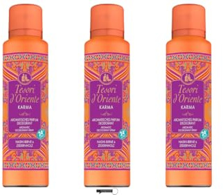 3x Tesori d'Oriente Karma Aromatisches Parfum Deodorant Spray, mit Nashi-Birne & Zedernholz, 24h Schutz, 150 ml,+ Italy Shop Service Kostenloser Schlüsselanhänger