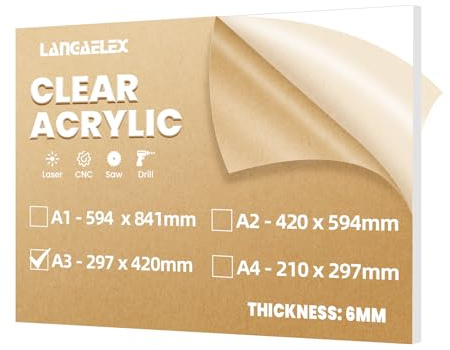 Langaelex Metacrilato Transparente A3 6 mm para Reemplazo de Vidrio | 297 x 420 mm Placa de Acrílico para Corte Láser, Vitrina, Cartel Menú y Acuario