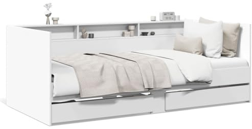 Foknhdi Tagesbett 100x200 weiß Holzwerkstoff 2in1 Bettsofa mit 2 Schubladen platzsparendes Gästebett ohne Matratze für Wohnzimmer Jugendzimmer