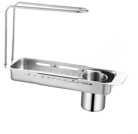 Organizador ajustable de acero inoxidable para fregadero, estante organizador de cocina expandible de 37 a 43 cm, escurridor ventilado para trapo de esponja de jabón, solución de almacenamiento