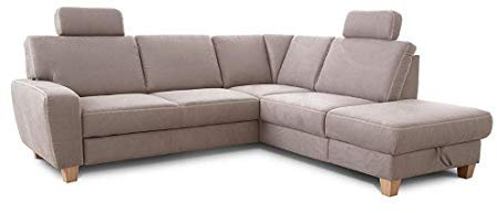 Cavadore Ecksofa Wisconsin mit Bettfunktion / Schlafsofa mit Federkern in Lederoptik / Inkl. 2 Kopfstützen + Stauraum / Landhausstil / Holzfüße in Buche / 248 x 88 x 215 cm / Hellgrau