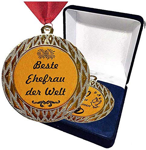 Larius Group Medaille Orden Bester Ehemann - Beste Ehefrau der Welt bzw. Wunschtext - Geschenk Geburtstag Weihnachten (Beste Ehefrau + Schachtel)