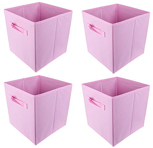 Huisen Furniture 4pcs Foldable Storage Box for Shelves Pink Fabric Canvas, Unit Storage Cube Basket Bin with Handle for Kids Toy Nursery Clothes Wardrobe (Pink ×4)
