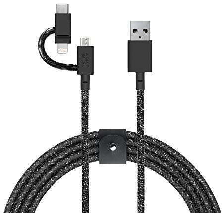 Native Union Belt Cable Universal - Cable Reforzado Ultrarresistente [Certificado MFi], 2 m, con Adaptador 3 en 1 para Dispositivos Lightning, USB-C y Micro-USB (Cosmos)
