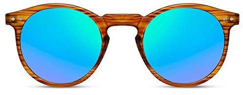 Cheapass Sonnenbrille Runder transparenter Woodlook-Rahmen mit grün verspiegelten Gläsern UV400-geschützte Vintage Mens Womens