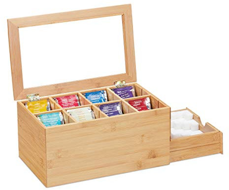 Relaxdays Teebox Bambus, verstellbare Fächer, Sichtfenster, Schublade, Teekiste für Teebeutel, HBT: 14,5x31x19 cm, natur