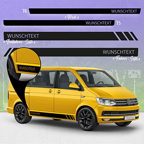Auto-Dress Seiten-Streifen Aufkleber Set/Dekor passend für VW T4, T5 & T6 Bus - Motiv: Wunschtext Racing ohne Strich (111M Black Matt, Radstand: Kurz)