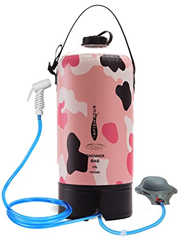 AFISHTOUR Sac de douche portable de camping – Sac d'eau solaire de 10 L avec pompe à pied, tuyau et pommeau de douche – Douche de camping pour camping, plage, natation, randonnée, voyages en plein air