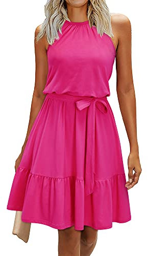 Newshows Sommerkleid Damen Knielang Elegant Kleid Neckholder Sommer Ärmellos Freizeitkleider mit Taschen(Rose rot, M)