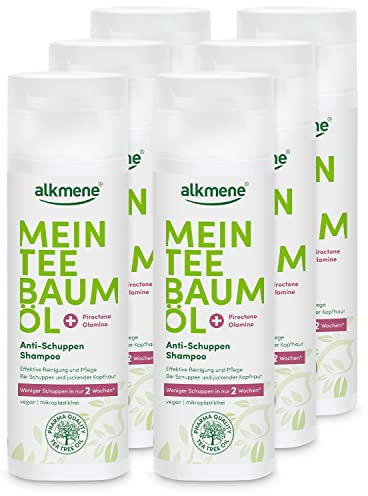 alkmene Mein Teebaumöl Anti Schuppen Shampoo 6x 200 ml weniger Schuppen in 2 Wochen - naturreines Teebaumöl, vegan & klimaneutral - Antischuppen Shampoo gegen Schuppen & juckende Kopfhaut